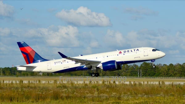 Delta Airbus A220-300 aircraft taking off