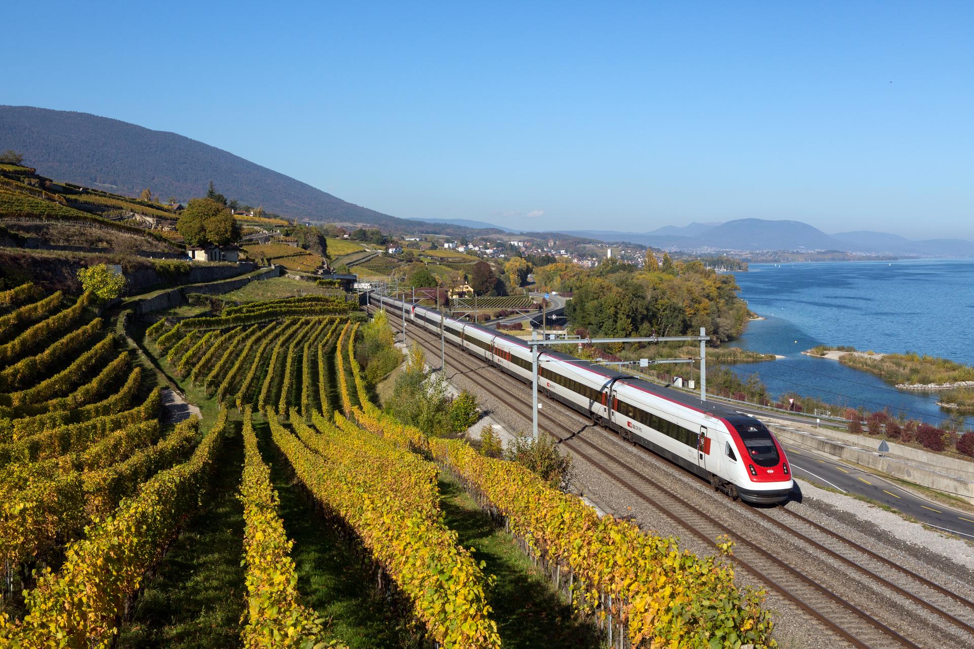 Train rolling through countryside