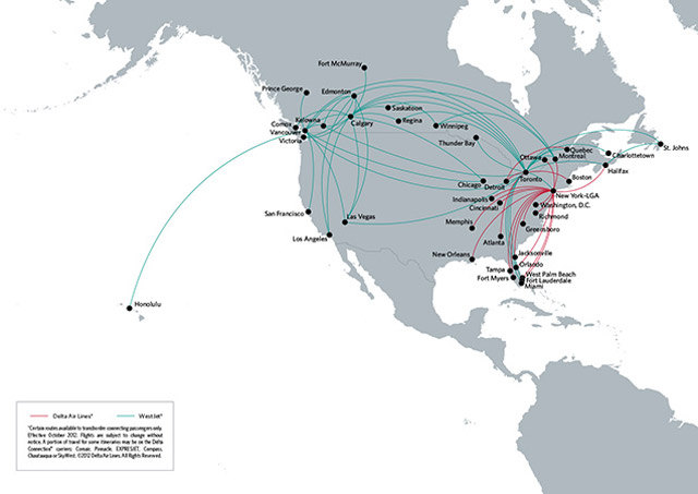 Kaart met netwerk van Delta en WestJet en uitgebreide codeshare