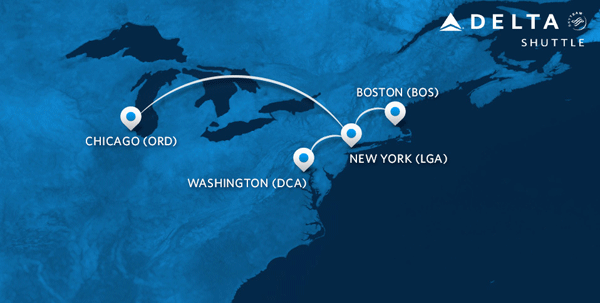 Map showing  New York - LaGuardia, Chicago O'Hare, Boston and Washington National Shuttle Destinations